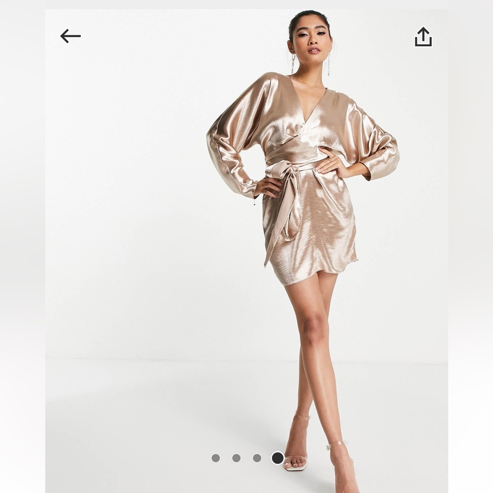 NWT ASOS DESIGN batwing sleeve mini dress in soft gold satin with wrap waist